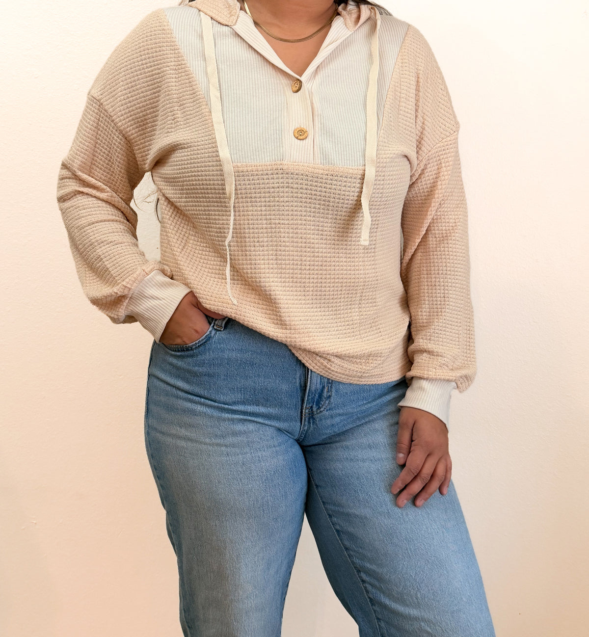Beige Waffle Hooded Top